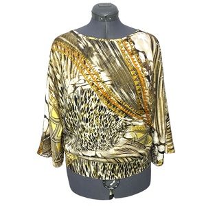 Chico’s Dolman Sleeve Chiffon Cheetah Shirt Top Size 2 L 10 12 Band Waist Animal